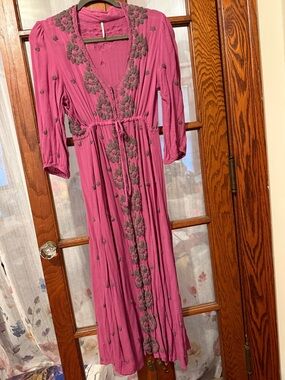 Free People Pink Embroidered V-Neck Midi Dress